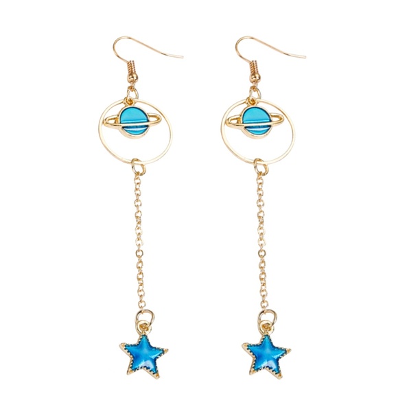 Blue Planet & Star Drop Earrings – 4" Fun & Whimsical Design - Picture 1 of 1